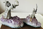 Spoontiques Two Pewter Wizard Figurines With Purple Amethyst Geode Bases