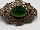 Antique Italian 800 Silver Filigree Green Glass Cabochon Brooch Pin 5 74g