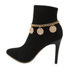 Women Gold Metal Boot Chain Bracelet Shoe 3 Hammered Circle Charm Anklet 2pcs