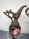 Pair Antique Victorian Hand Painted Floral Ornate Faux Ewers Mantle Decor  13 