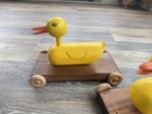 Vintage Wooden Duck Pull Toy Pair Retro Handmade Yellow Ducks Rolling Wood Base