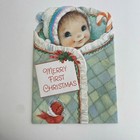 Vintage Mid Century Christmas Greeting Card Hallmark Cute Baby Flocked Blanket
