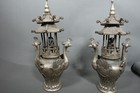 Rare Pair Of Antique Chinese Bronze Incense Burners Phoenix Pagoda Design Marked