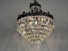Antique   Vintage French Brass   Crystals Chandelier 6 Bulbs Ceiling Lamp Light