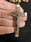 Vtg Antique Brown Wood Bead Catholic Rosary 19in France Metal Crucifix