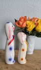 Vintage Anthropomorphic Puppy Dog Pair-long Neck- Eyelash- Blue Yellow Kitschy 