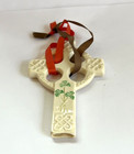      Irish Belleek  Celtic Cross With Shamrocks Christmas Ornament  With Ribbons