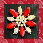 Vintage Rhinestone   Crystal Red Christmas Holiday Poinsettia Flower Brooch Pin