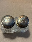 Vintage Small Glass Diamond Shaped Salt Pepper Shakers With Silver Plated Lids