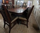 Antique Rectangular Wood Dining Set For 10 With Fabric Chairs  Leaves