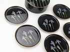 Vtg 1960s Otagiri Japan Blue Iris Black Lacquer Coaster Set Of 6 W  Box
