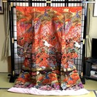Vintage Japanese Uchikake Kimono Silk Gold Embroidery Peacock Crane Pine Floral