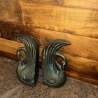 Vintage Mid Century Swan Bookends Verdigris Patina Brass Art Deco Made In Korea