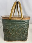 Vintage Square Hawkeye Burlington Green Woven Picnic Basket Metal Handles 70 s