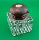 Vintage Antique Crystal Glass Inkwell With Brass Lid Featuring Cameo Of Solider