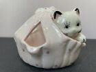 Ceramic White Cat Kitten Pink Basket Figurine Trinket Dish 3  X 4 1 4  Vintage