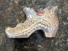 Vintage Silver Metal Victorian Style Shoe Boot Red Velvet Pin Cushion Sewing