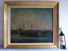 Marine Painting Antique 19th Century Xix Three Masted Sailboat Ship