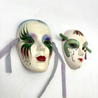 Lot Of 2 Vintage 90s Handmade Ceramic Abstract Carnival Mini Wall Masks