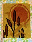 Vintage 1970s Latch Hook Wall Hanging     Cattails   Sun Scene     Retro Fiber Art