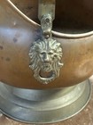 Antique Copper brass Lion Heads Coal Scuttle Delft Blue Porcelain Accents39x35cm
