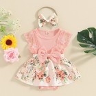 2pcs Newborn Baby Girl Floral Ribbed Bow Romper Skirt Headband Summer Outfit Set