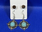 Turquoise Antiqued Silver Dangle Earrings   Topaz Crystal Stud Earring Set