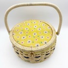 Vintage Woven Singer Wicker Sewing Basket Box Floral Top Yellow Retro Japan