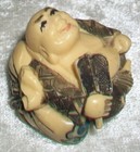 Vintage Carved Signed Polychrome Resin Laughing Buddha Netsuke Figurine Japan