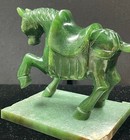 Vintage Chinese Export Carved Green Nephrite Jade War Horse On Jade Slab Base