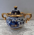 Vintage White Cobalt Blue Porcelain Gzhel Sugar Bowl Hand Painted Gold