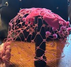 New Vintage 1960s Pink Velvet Bow Pom Pom Pill Hat Netting Veil