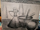 Original Realism Charcoal Still Life Drawing On Paper Vase Bowl Fruit Unframed