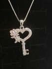 925 Sterling Silver Heart Key  Pendant Necklace 24  Box Chain Lobster Clasp