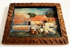 1930s 40s Mexican Folk Art Carved Relief Wood Campesino Pueblo Wall Plaque Panel