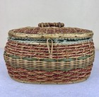 Vintage Sewing Basket Faux Ratan Wicker Sea Foam Green Satin Lining Japan 10 5   