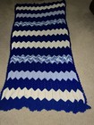 Vtg Hand Crocheted Afghan Throw Blanket 91x48 Zigzag Scalloped Waves Blue White