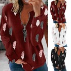 Women Casual Gradient Blouse Zipper V Neck Long Sleeve T Shirt Loose Comfy Tops   