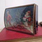 Vintage Brass   Blue Glass Jewelry Box  Victorian Scene Lid  Mirrored Interior