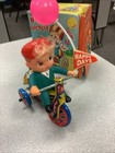 Vintage Tin Lithograph Wind-up Tricycle Boy Balloon   Bell Toy Shelf Wear N o s 