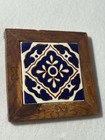 Vtg Dal-tile Mexican Folk Art Blue White Tile Trivet Hand Carved Wood Frame