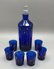 Vintage Jan Gabrhel 1970s Czech Blue Gold Glass Liquor Set Carafe 6 Shot Glasses