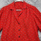 Vintage Top Womens M Red Geometric Print Short Puff Sleeves Button Down Blouse