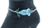 Women Silver Metal Chain Boot Bracelet Shoe Anklet Light Blue Color Flower Charm