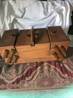 Vtg Accordion 3 Tier Fold Out Wood Sewing Box Organizer Made In Romania