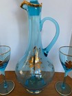 Vintage Mid-century Blue Glass Decanter Set  6 Wine Glasses  Gold Hand-painted H