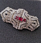 Vintage Silver Art Deco Coro Duette Dress Clip Brooch Pin Signed Clear Red Stone