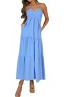 Women s Casual Halter Tiered Vacation Maxi Dress With Pockets Medium Azure