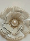 Vintage Mid Century White Metal Flower Faux Pearl Brooch Pin  Green Enamel