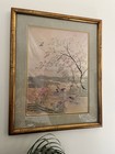Print Silk Embroidery  Ducks On A Pond  Gold Bamboo Frame  Japanese  17 5x21 5